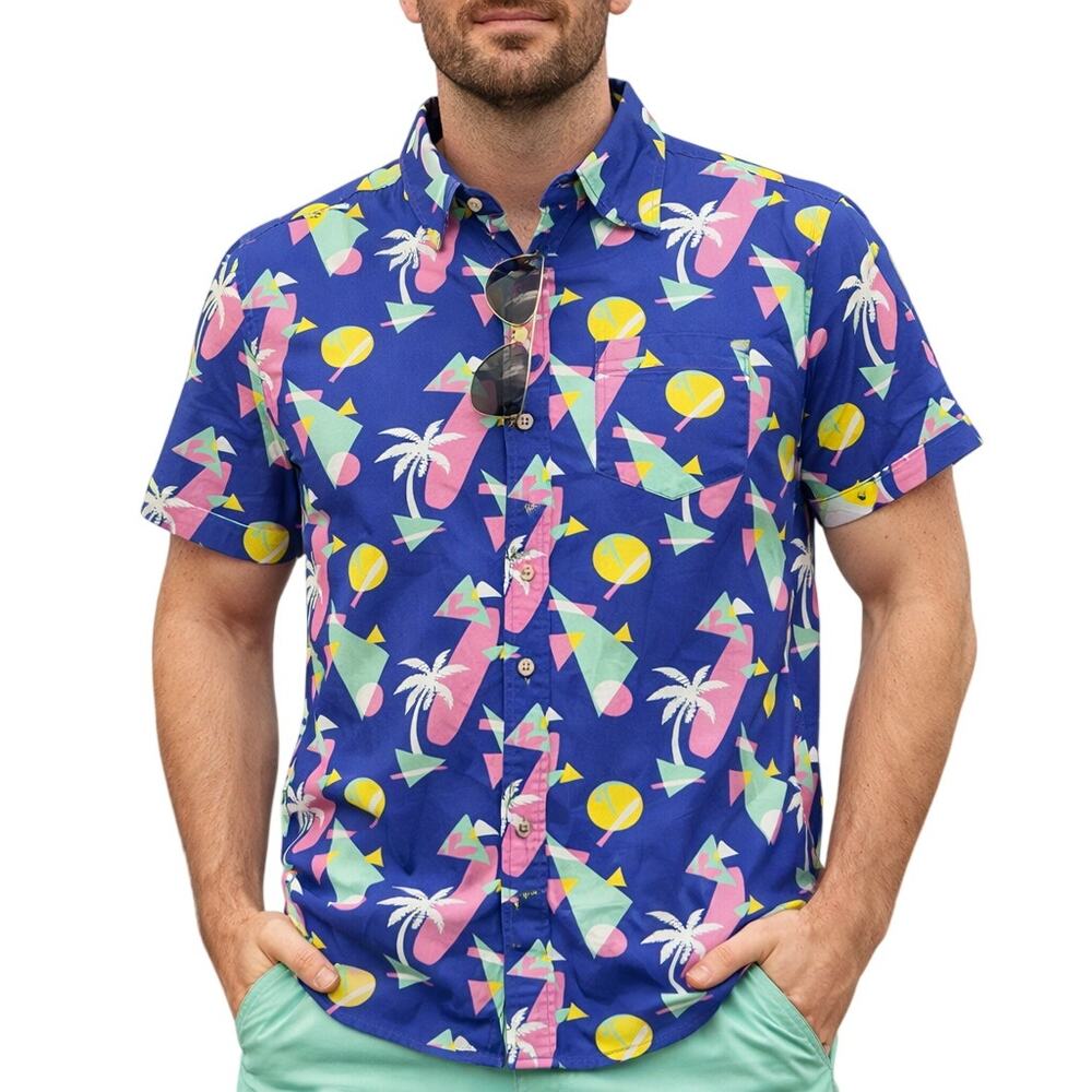 Joe Marlin Men’s Large Tapered Fit Button-Down Shirt Summer Blue Surf Print